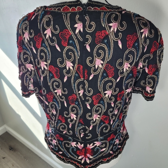 Papell Boutique Evening 100% Silk Beaded Top Medium Vintage - Picture 2 of 5